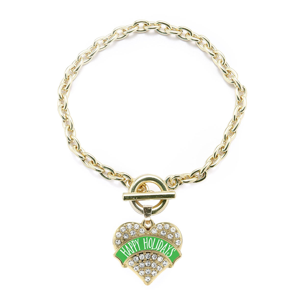 Gold Green Banner Happy Holidays Pave Heart Charm Toggle Bracelet