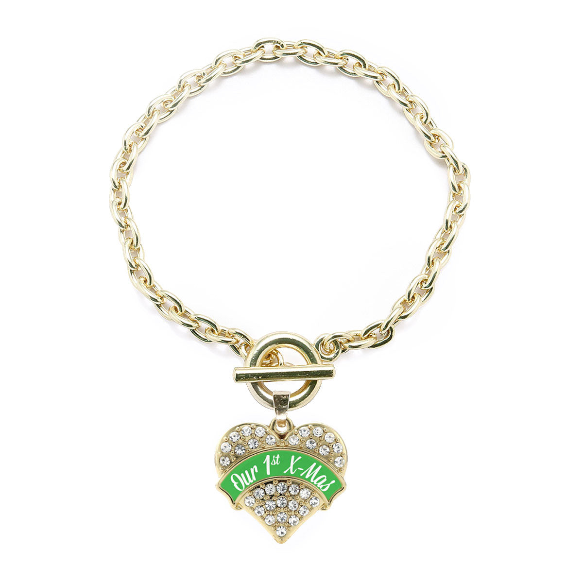 Gold Green Banner Our 1st X-Mas Pave Heart Charm Toggle Bracelet