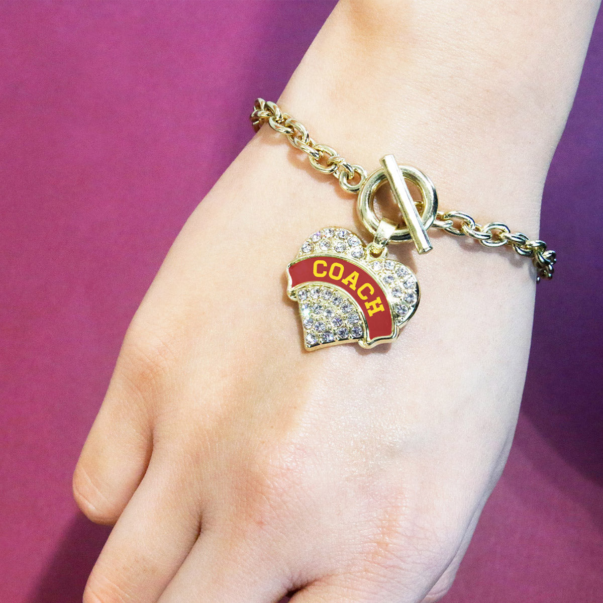 Gold Coach - Red and Yellow Pave Heart Charm Toggle Bracelet