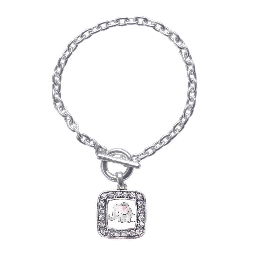 Silver Baby Elephant Square Charm Toggle Bracelet