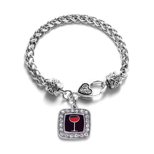 Silver Wine Lovers Square Charm Braided Bracelet