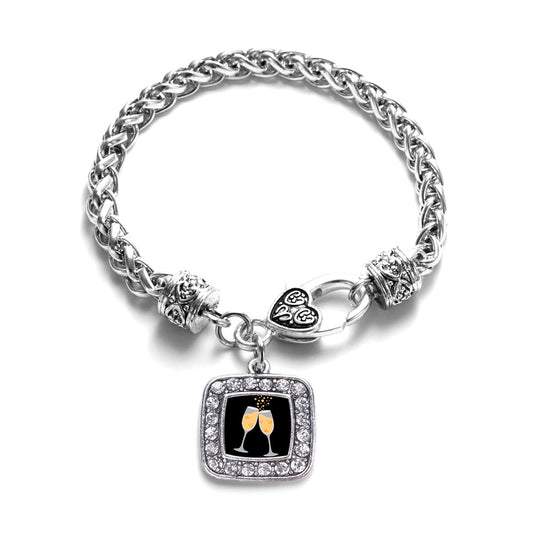 Silver Champagne Cheers Square Charm Braided Bracelet