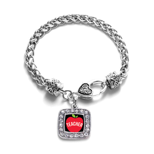 Silver Apples Are For Teachers Square Charm Braided Bracelet