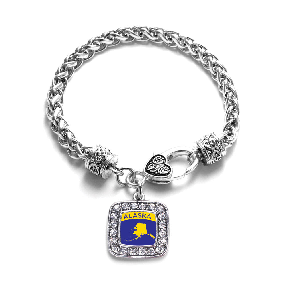 Silver Alaska Outline Square Charm Braided Bracelet