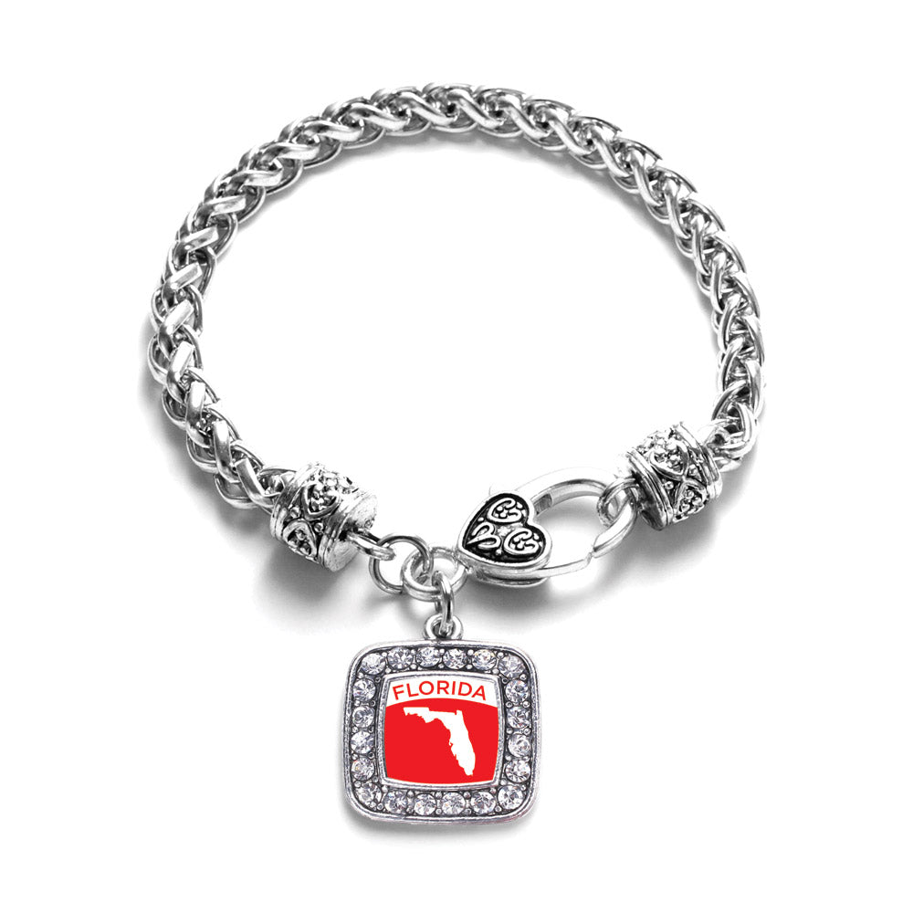 Silver Florida Outline Square Charm Braided Bracelet