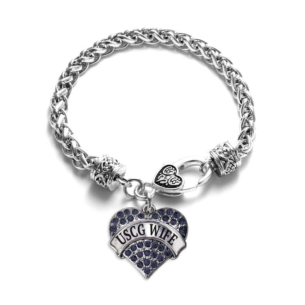 Silver USCG Wife Blue Pave Heart Charm Braided Bracelet