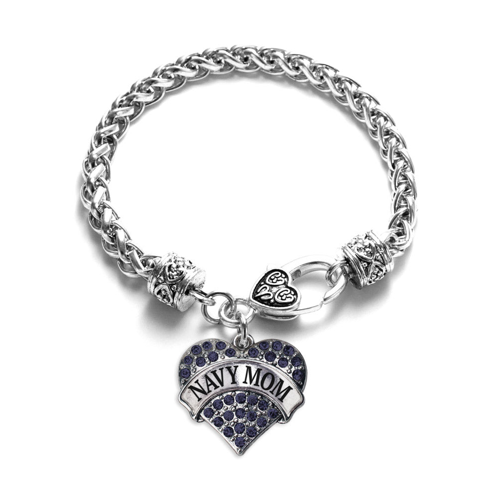 Silver Navy Mom Blue Pave Heart Charm Braided Bracelet
