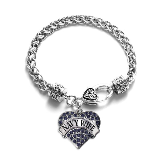 Silver Navy Wife Blue Pave Heart Charm Braided Bracelet
