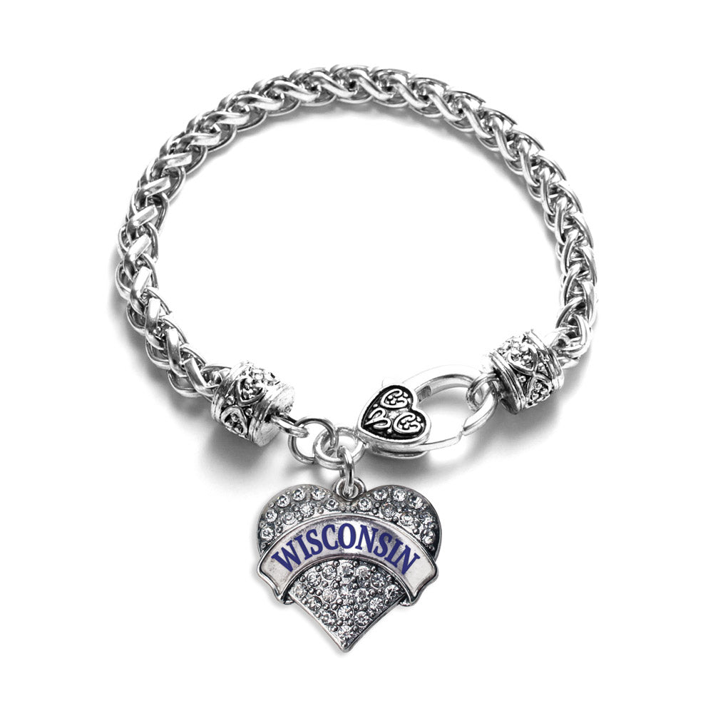 Silver Wisconsin Pave Heart Charm Braided Bracelet