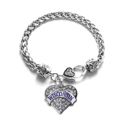 Silver Wisconsin Pave Heart Charm Braided Bracelet