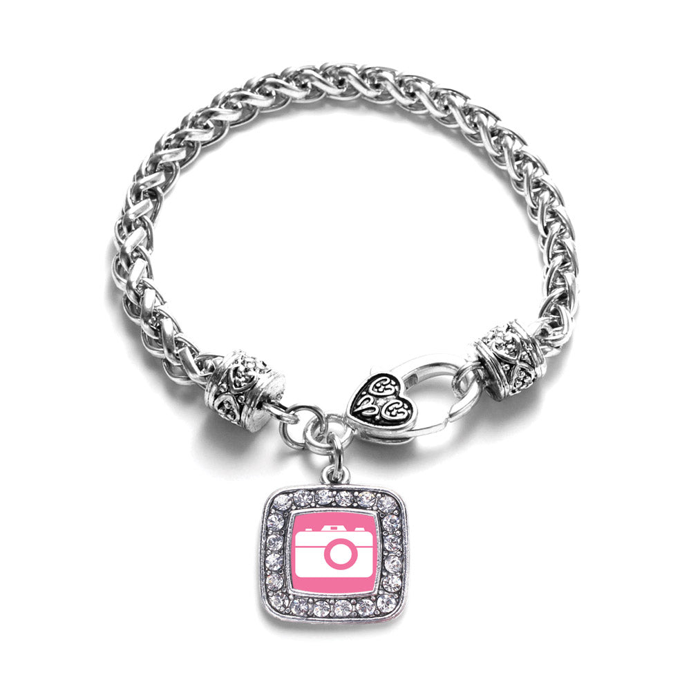 Silver Pink Camera Square Charm Braided Bracelet
