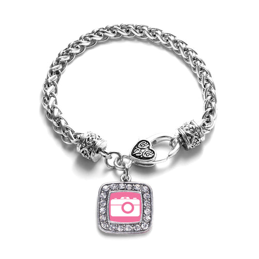 Silver Pink Camera Square Charm Braided Bracelet