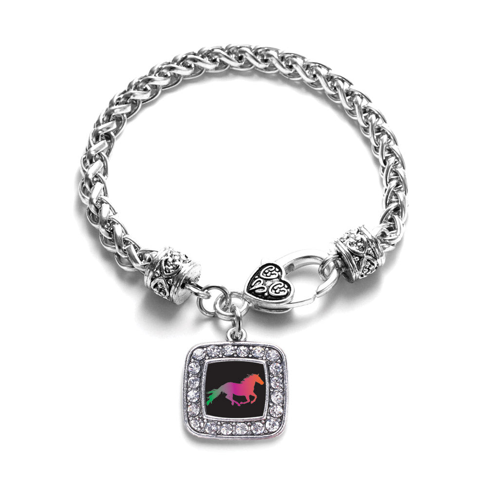 Silver Horse Lovers Square Charm Braided Bracelet