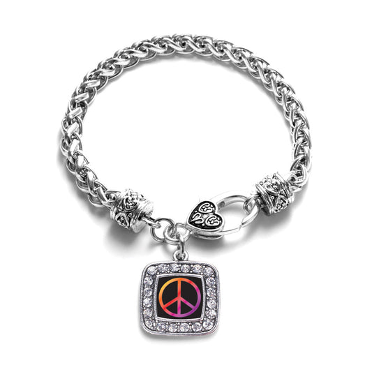 Silver Peace Square Charm Braided Bracelet