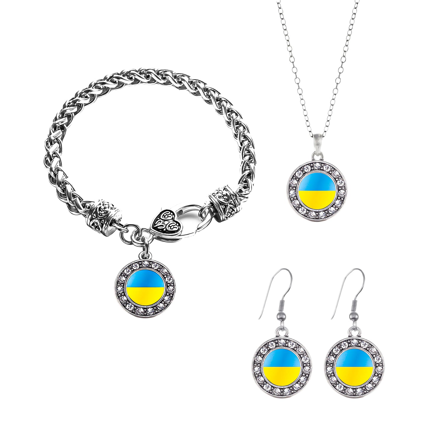 Silver Ukraine Flag Circle Charm Bracelet, Earrings and Necklace Set
