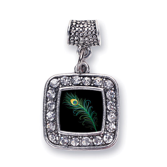 Silver Peacock Feather Square Memory Charm