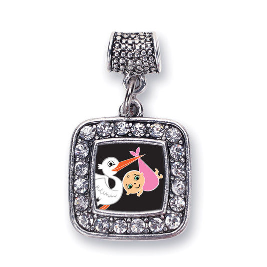 Silver Stork Brings A Girl Square Memory Charm