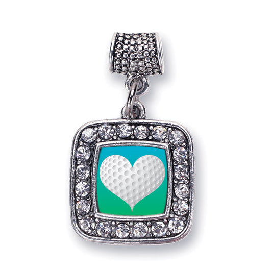 Silver Heart Of A Golfer Square Memory Charm