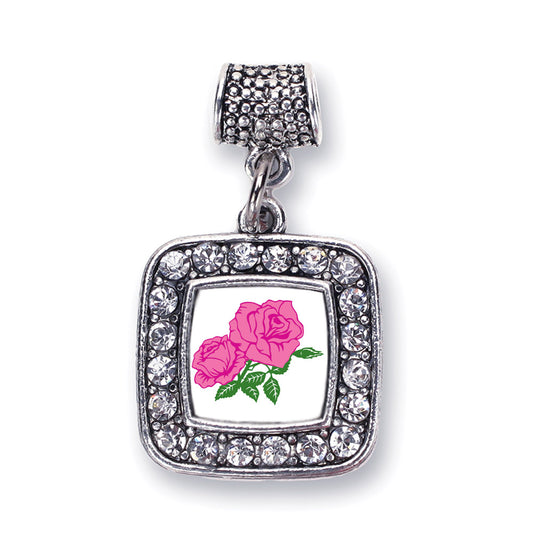 Silver Pink Rose Square Memory Charm