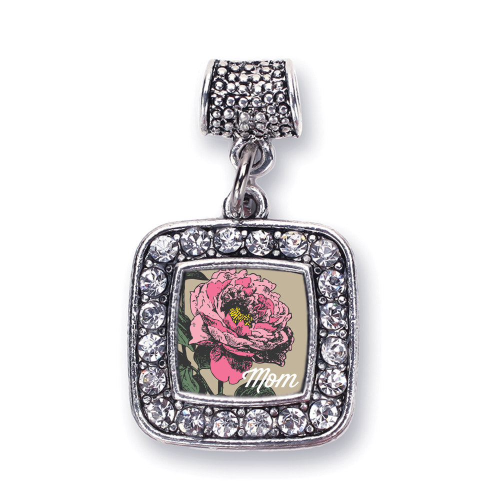 Silver Mom Peony Flower Square Memory Charm