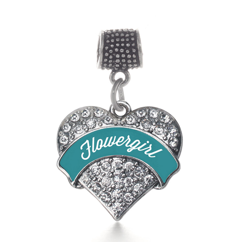 Silver Dark Teal Flower Girl Pave Heart Memory Charm