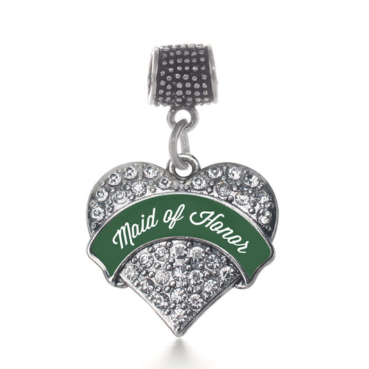 Silver Forest Green Maid of Honor Pave Heart Memory Charm