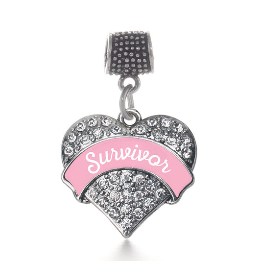 Silver Pink Script Survivor Breast Cancer Support Pave Heart Memory Charm