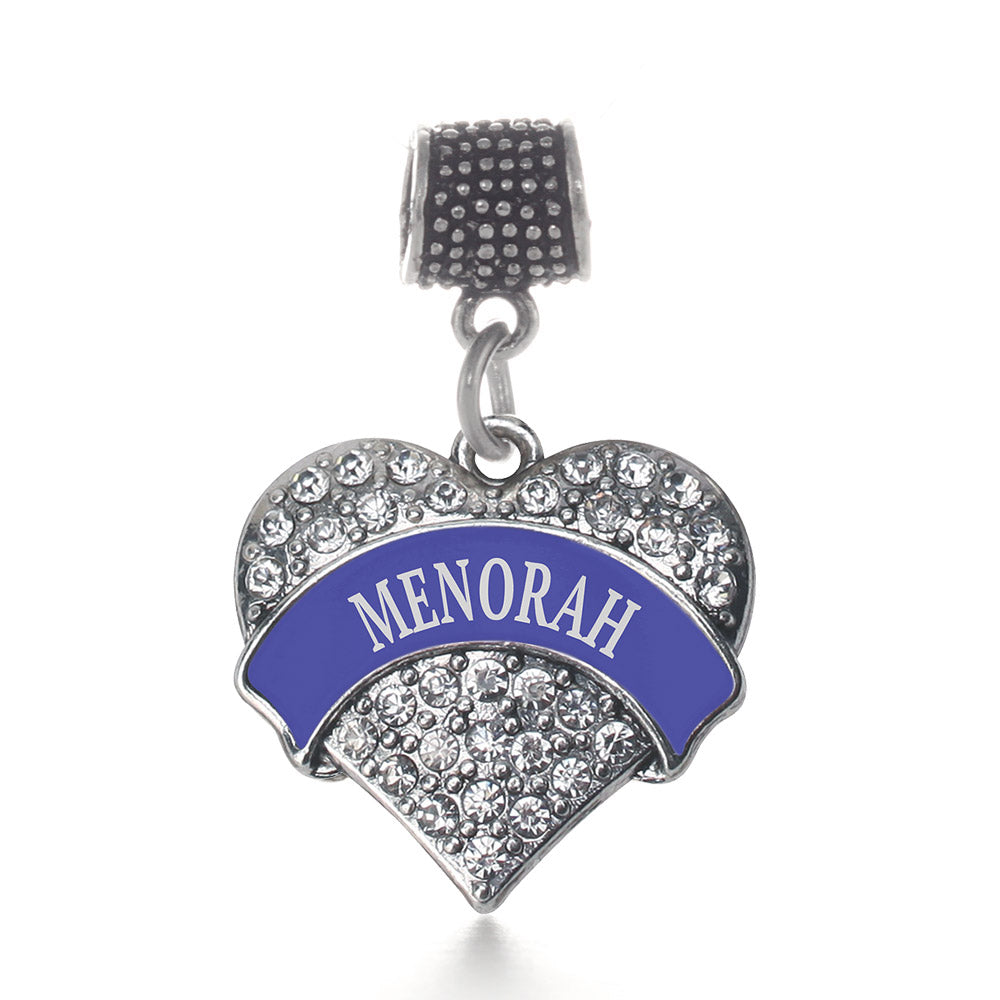 Silver Blue Menorah Pave Heart Memory Charm