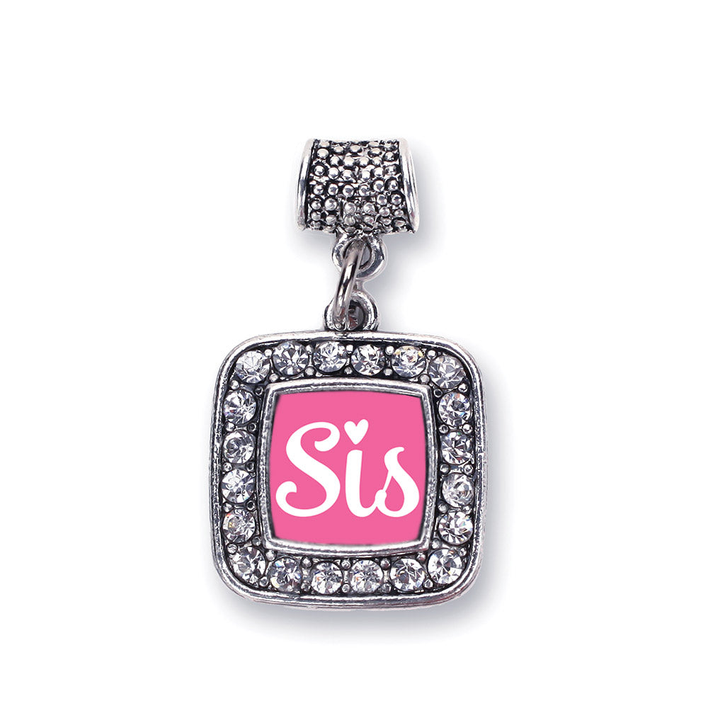 Silver Sis Pink Script Square Memory Charm