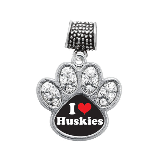Silver I Love Huskies Pave Paw Memory Charm