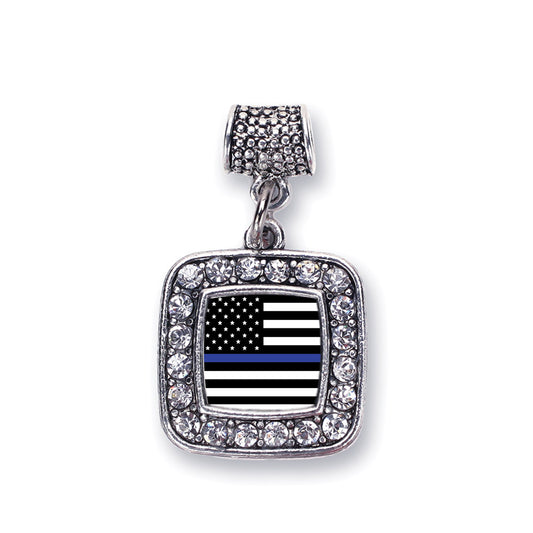 Silver Thin Blue Line American Flag Square Memory Charm