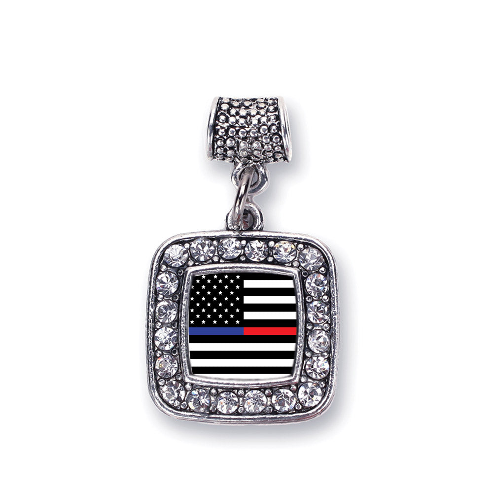 Silver Thin Blue Line and Thin Red Line American Flag Square Memory Charm