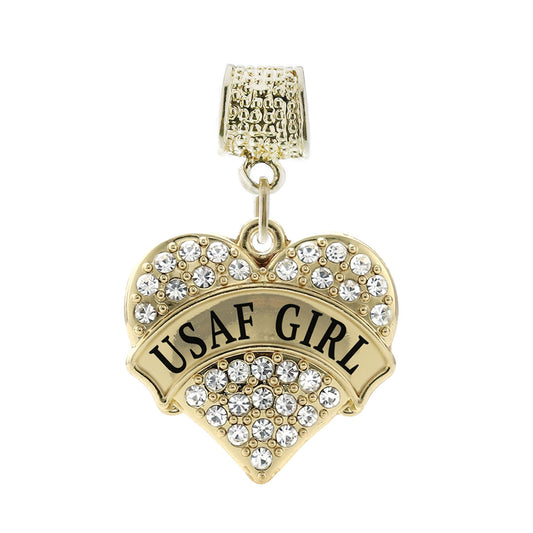 Gold USAF Girl Pave Heart Memory Charm