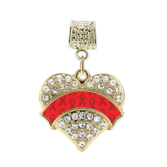 Gold Red Ribbon Support Pave Heart Memory Charm