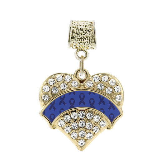 Gold Blue Ribbon Support Pave Heart Memory Charm