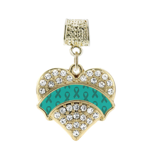Gold Teal Ribbon Support Pave Heart Memory Charm