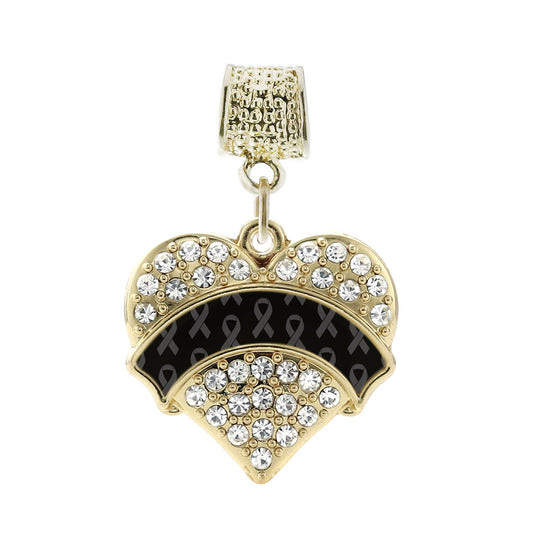 Gold Black Ribbon Support Pave Heart Memory Charm