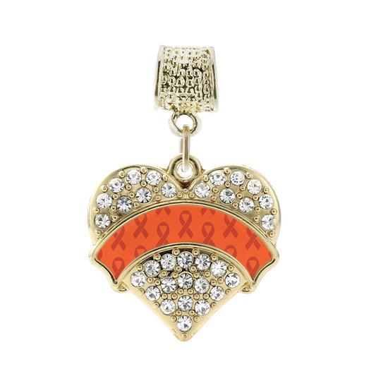 Gold Orange Ribbon Support Pave Heart Memory Charm