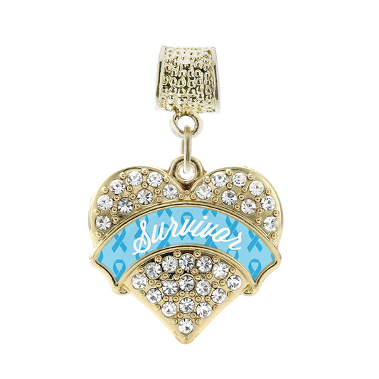 Gold Light Blue Survivor Pave Heart Memory Charm