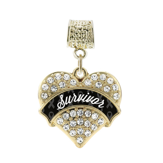 Gold Black and White Survivor Pave Heart Memory Charm