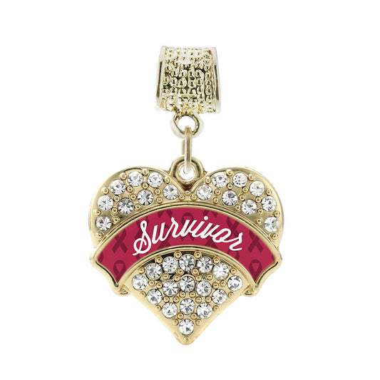 Gold Burgundy Survivor Pave Heart Memory Charm