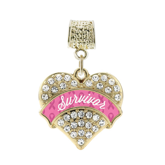 Gold Pink Survivor Pave Heart Memory Charm