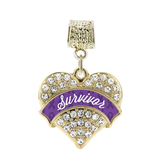 Gold Purple Survivor Pave Heart Memory Charm