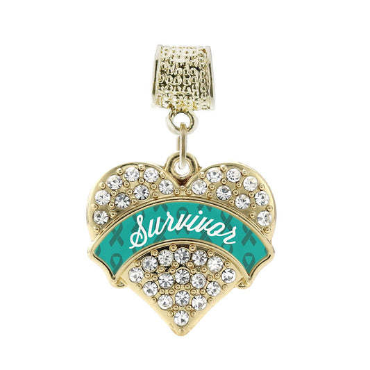 Gold Teal Survivor Pave Heart Memory Charm