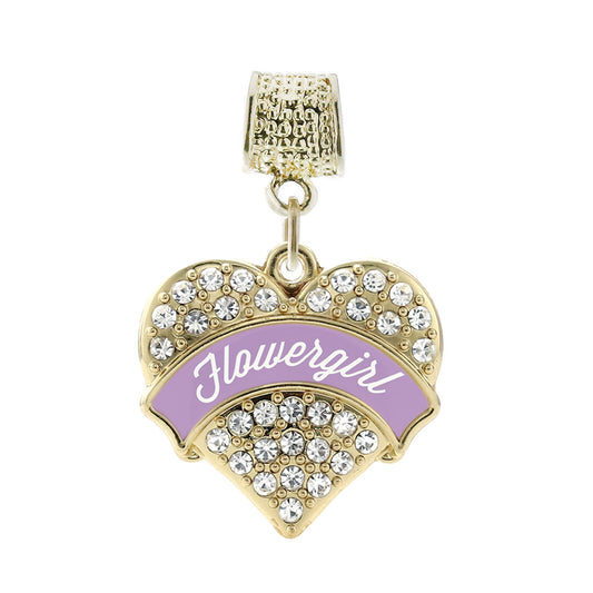 Gold Lavender Flower Girl Pave Heart Memory Charm