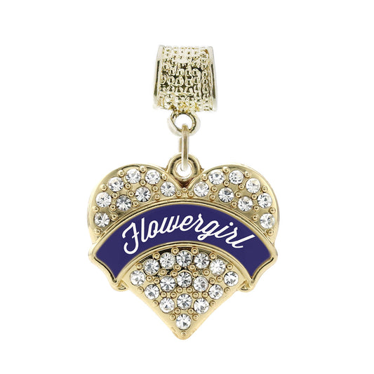 Gold Navy Blue Flower Girl Pave Heart Memory Charm