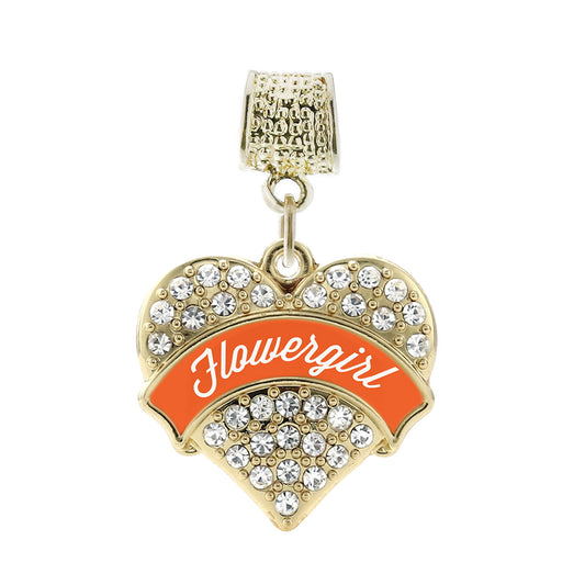 Gold Orange Flower Girl Pave Heart Memory Charm