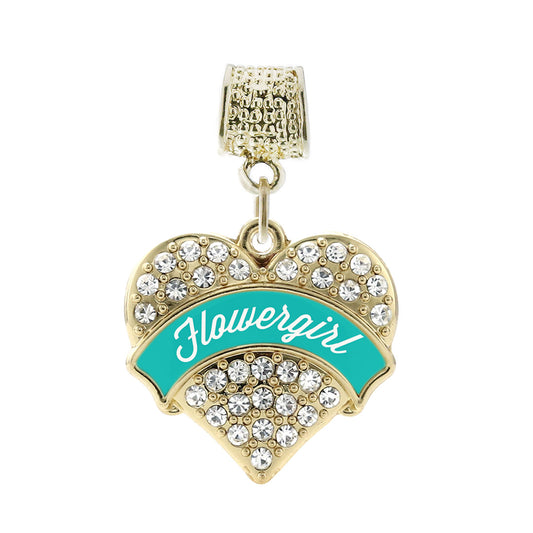 Gold Teal Flower Girl Pave Heart Memory Charm