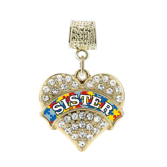 Gold Autism Sister Pave Heart Memory Charm