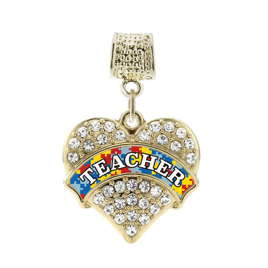 Gold Autism Teacher Pave Heart Memory Charm